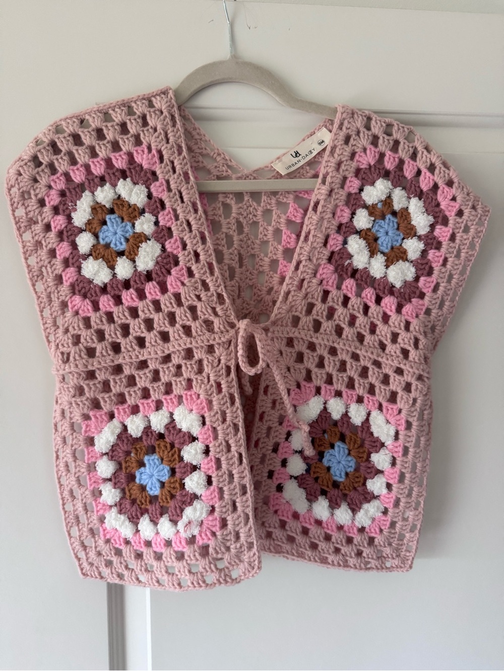 Pink Crochet Granny Square Vest with Tie Front, size SM